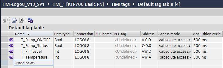 W Project tree w folderze HMI tags należy kliknąć w Default tag table i dodać zmienne. Zmienna T_Pump_ON/OFF odpowiada wejściu sieciowemu NI1 w LOGO!, do którego przyporządkowany jest adres V0.