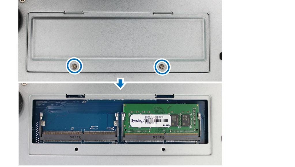 Dodawanie modułu pamięci RAM w serwerze DiskStation Opcjonalny moduł Synology DDR4 RAM jest zaprojektowany jako rozszerzenie pamięci dla serwera DiskStation.