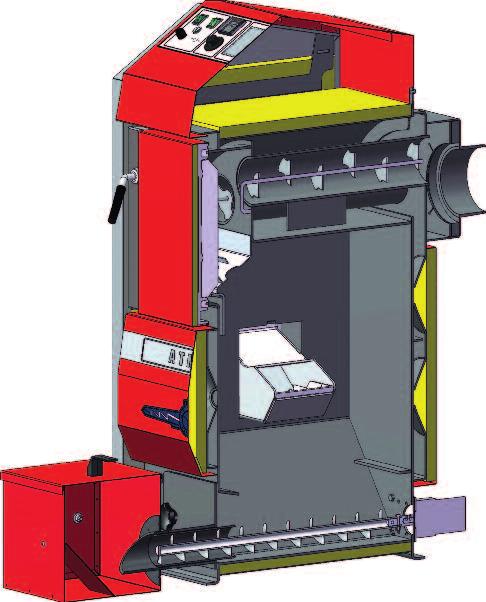 Wybieranie popiołu z kotła przebiega w pełni automatycznie za pomocą ślimakowego transportera, który usuwa popiół z komory pod palnikiem w określonych odstępach czasu.