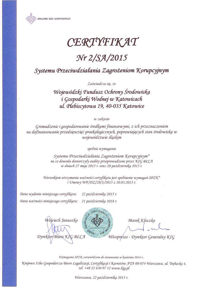 Certyfikaty potwierdzające spełnianie wymagań ISO 9001,