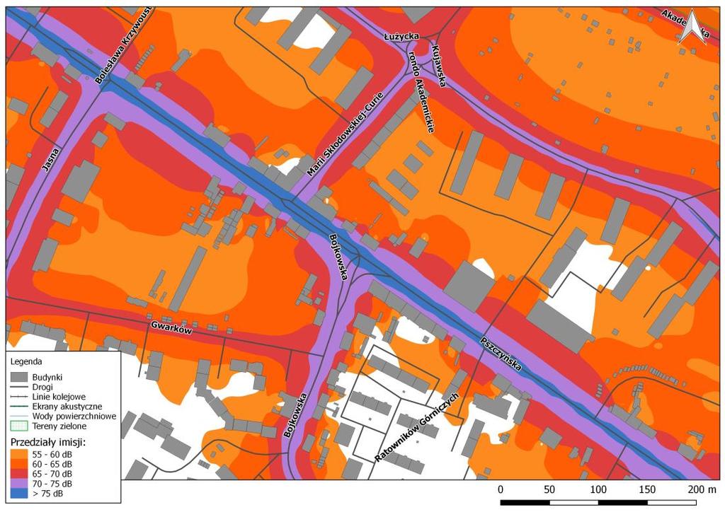 8. ZAŁĄCZNIKI GRAFICZNE Rys. 8.1. Mapa imisji dźwięku wskaźnik LDWN, ul.