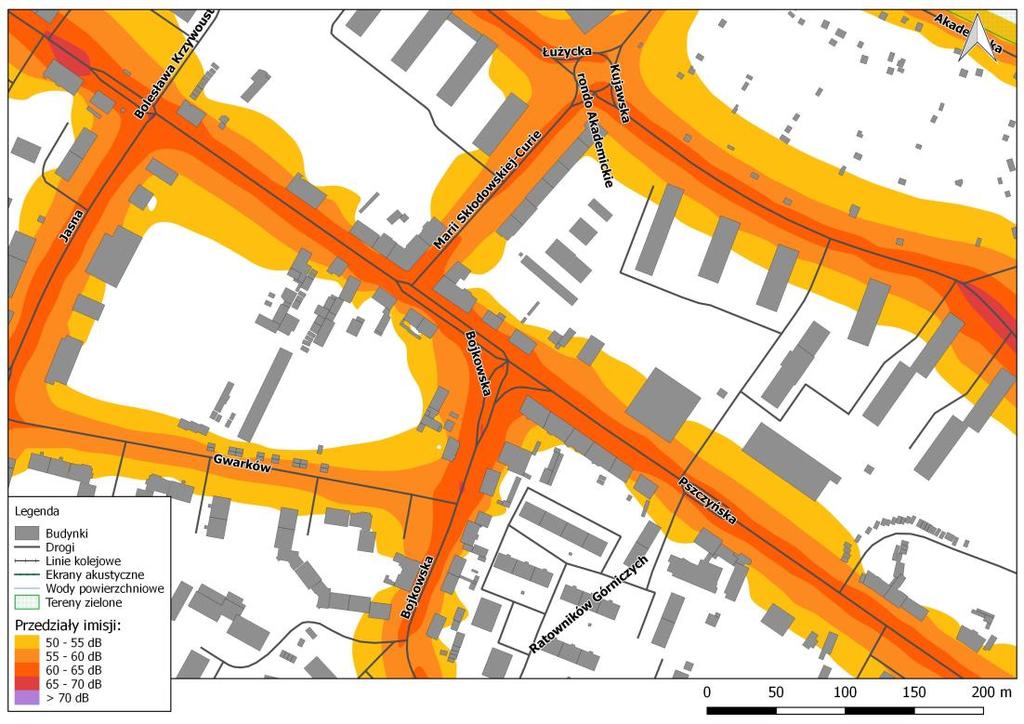 Mapa imisji dźwięku wskaźnik LN, ul. Pszczyńska na odcinku od ul. Panewnickiej do ul.