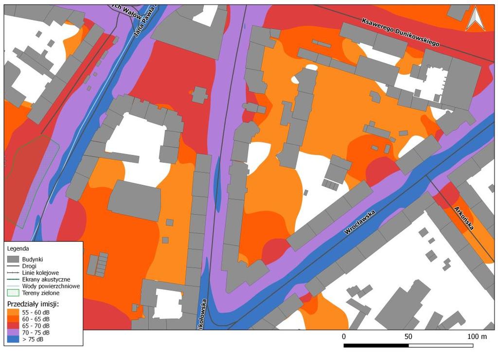 Rys. 8.5. Mapa imisji dźwięku wskaźnik LDWN, ul. Wrocławska, ul. Mikołowska i ul. Jana Pawła II na odcinku od ul. Dunikowskiego do ul. Nowy Świat, przed zastosowaniem działań naprawczych Rys. 8.6.