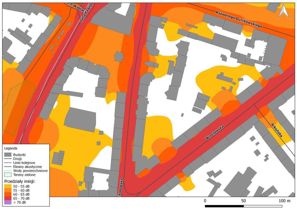 Rys. 8.7. Mapa imisji dźwięku wskaźnik LN, ul. Wrocławska, ul. Mikołowska i ul.
