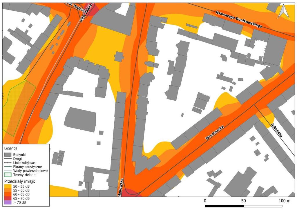 Nowy Świat, przed zastosowaniem działań naprawczych Rys. 8.8. Mapa imisji dźwięku wskaźnik LN, ul.