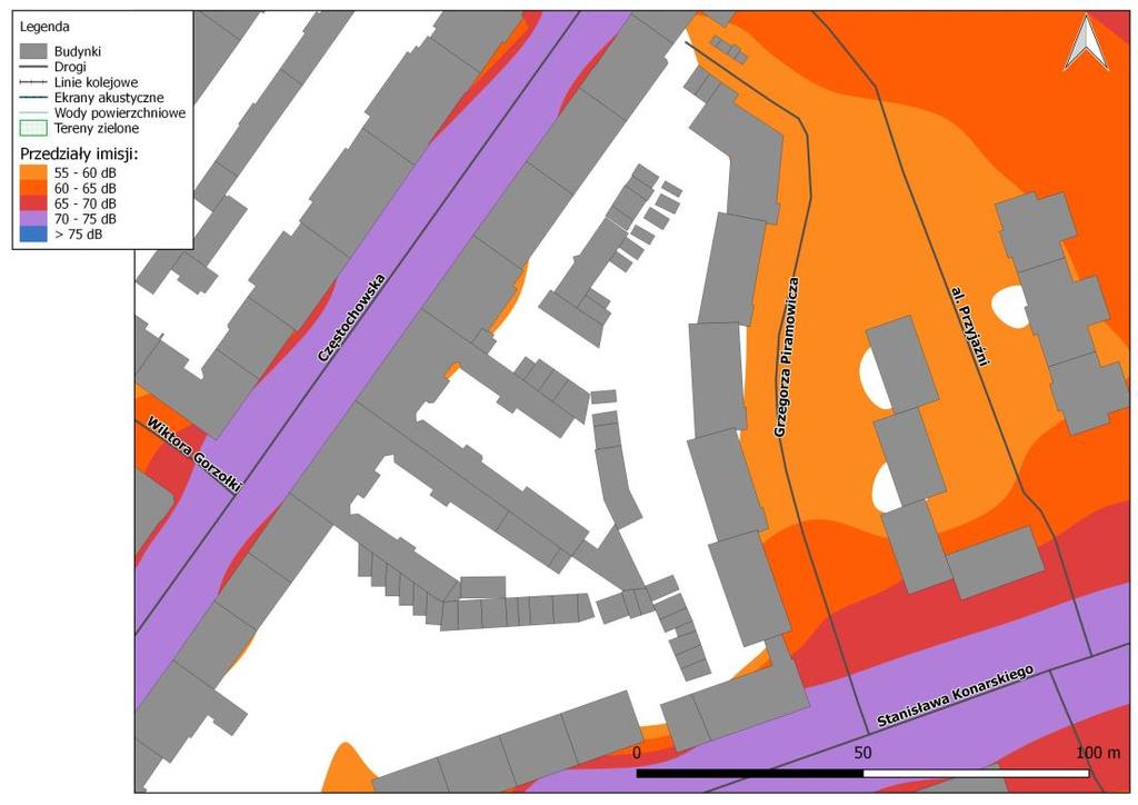 Rys. 8.9. Mapa imisji dźwięku wskaźnik LDWN, ul. Częstochowska na odcinku od ul. Wrocławskiej do ul. Jagiellońskiej, przed zastosowaniem działań naprawczych Rys. 8.10.