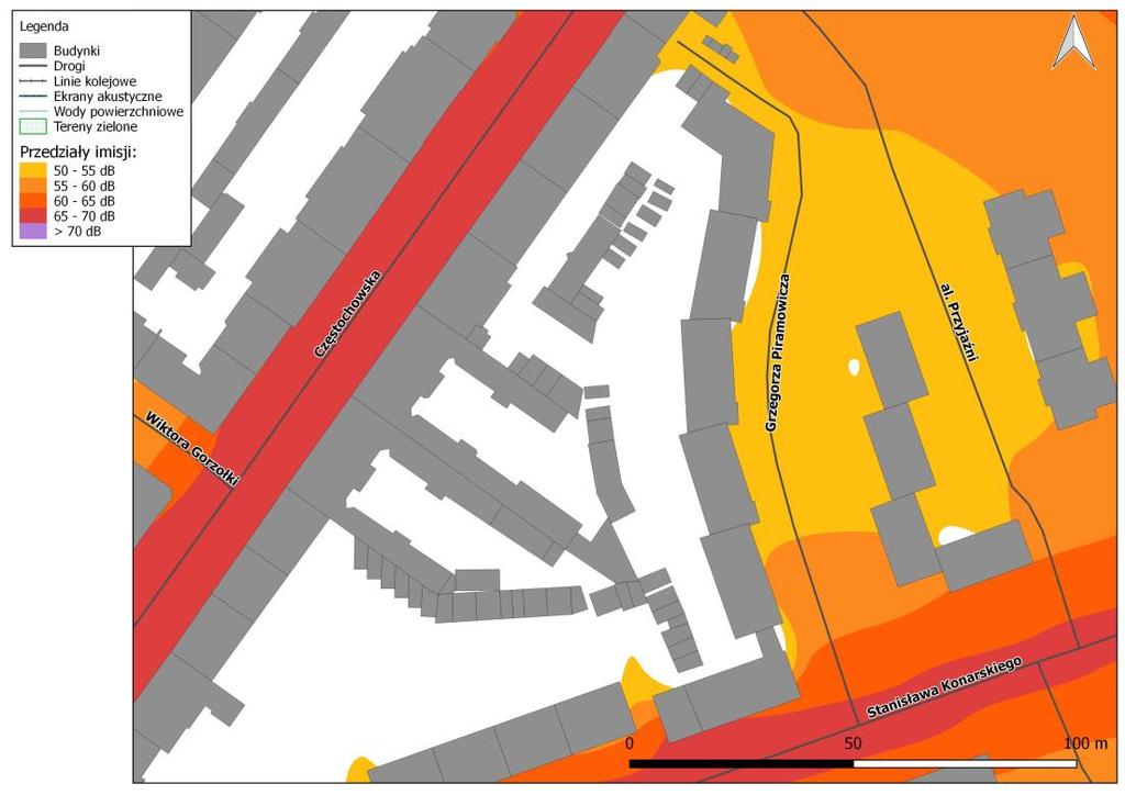 Rys. 8.11. Mapa imisji dźwięku wskaźnik LN, ul. Częstochowska na odcinku od ul.