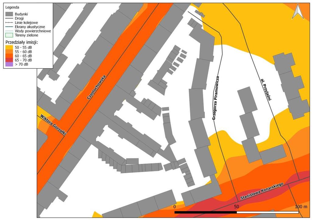 Mapa imisji dźwięku wskaźnik LN, ul. Częstochowska na odcinku od ul. Wrocławskiej do ul.