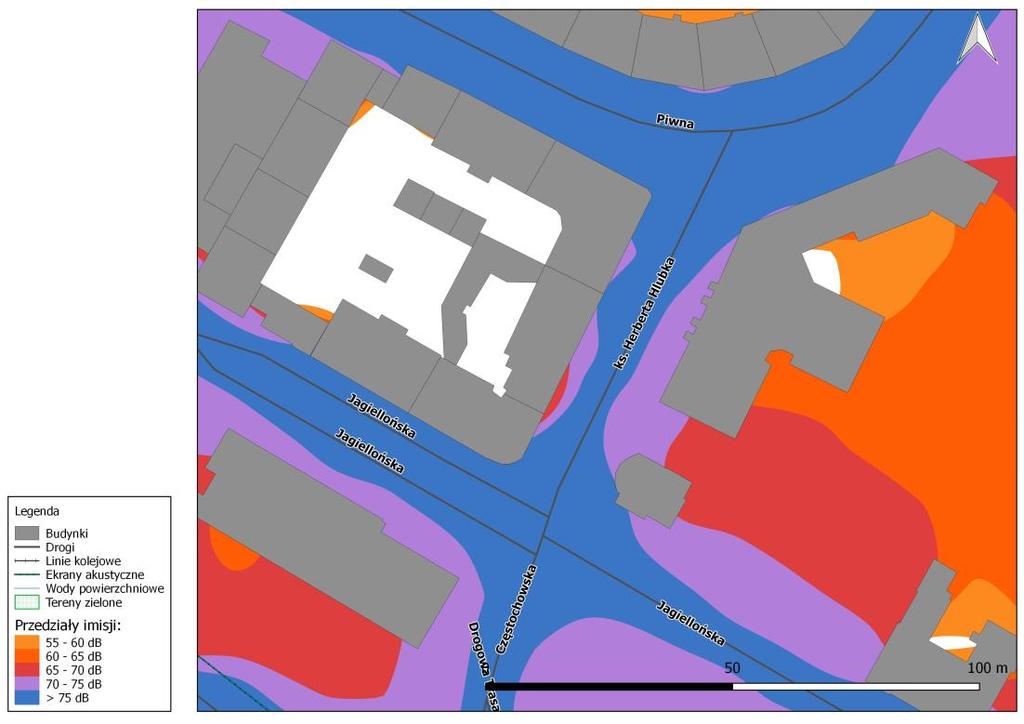 Rys. 8.13. Mapa imisji dźwięku wskaźnik LDWN, ul. ks. Herberta Hlubka na odcinku od ul. Jagiellońskiej do ul. Piwnej, przed zastosowaniem działań naprawczych Rys. 8.14.