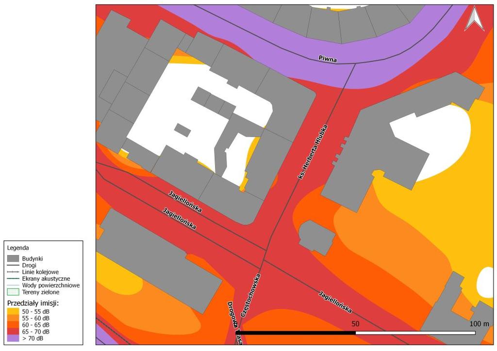 Rys. 8.15. Mapa imisji dźwięku wskaźnik LN, ul. ks. Herberta Hlubka na odcinku od ul. Jagiellońskiej do ul. Piwnej, przed zastosowaniem działań naprawczych Rys. 8.16.