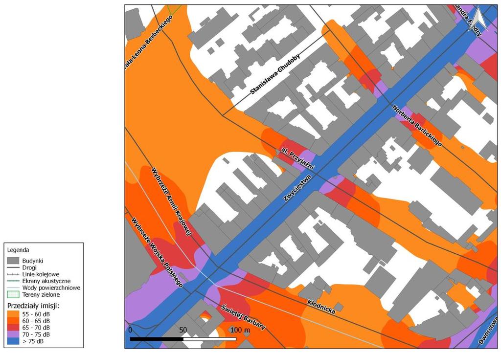 Rys. 8.17. Mapa imisji dźwięku wskaźnik LDWN, ul. Zwycięstwa na odcinku od ul. Dolnych Wałów do ul.