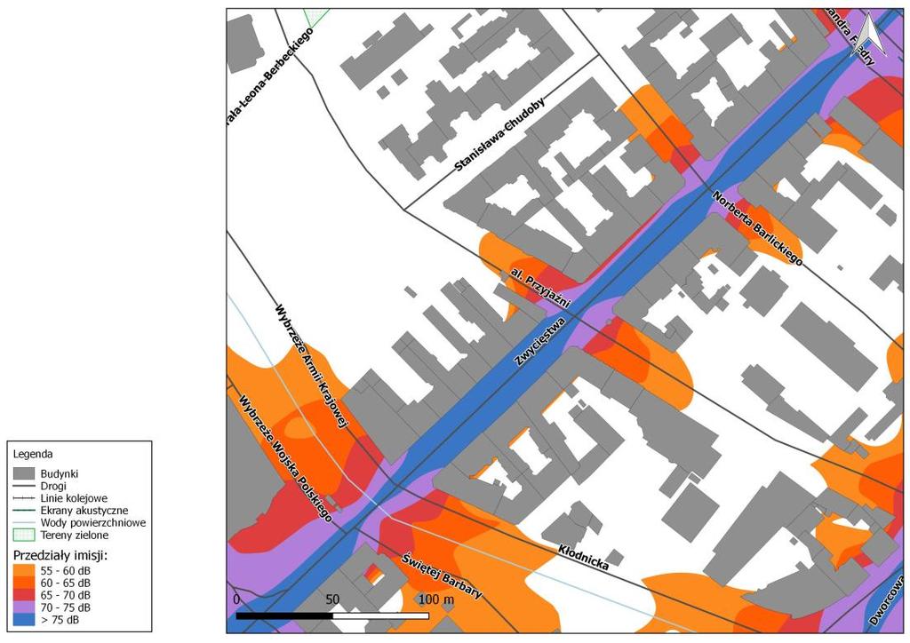 Mapa imisji dźwięku wskaźnik LDWN, ul. Zwycięstwa na odcinku od ul. Dolnych Wałów do ul.