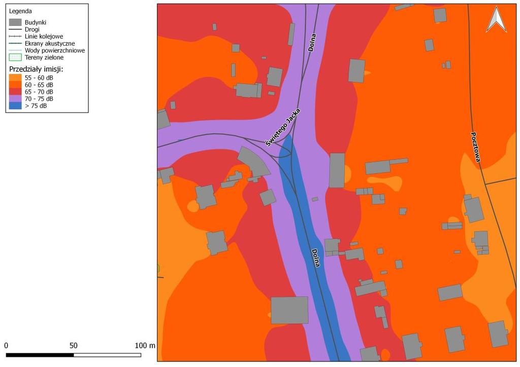 Rys. 8.21. Mapa imisji dźwięku wskaźnik LDWN, ul. Dolna na odcinku od ul.