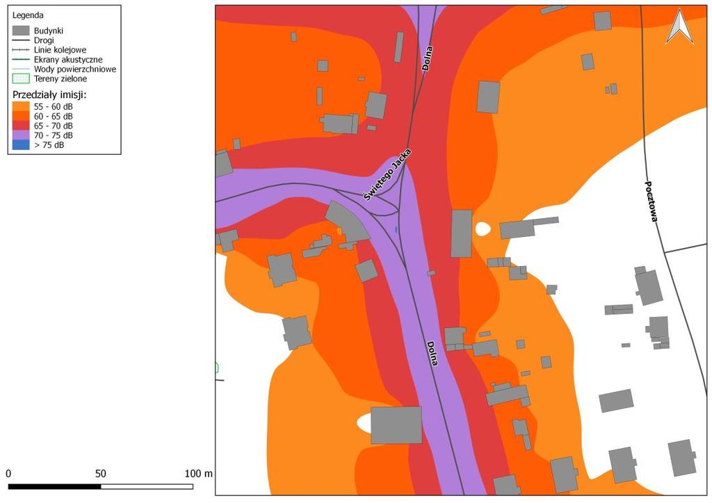 Mapa imisji dźwięku wskaźnik LDWN, ul. Dolna na odcinku od ul. Kujawskiej do ul.