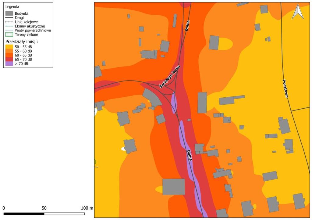 Rys. 8.23. Mapa imisji dźwięku wskaźnik LN, ul. Dolna na odcinku od ul. Kujawskiej do ul. Józefa Rymera, przed zastosowaniem działań naprawczych Rys. 8.24.