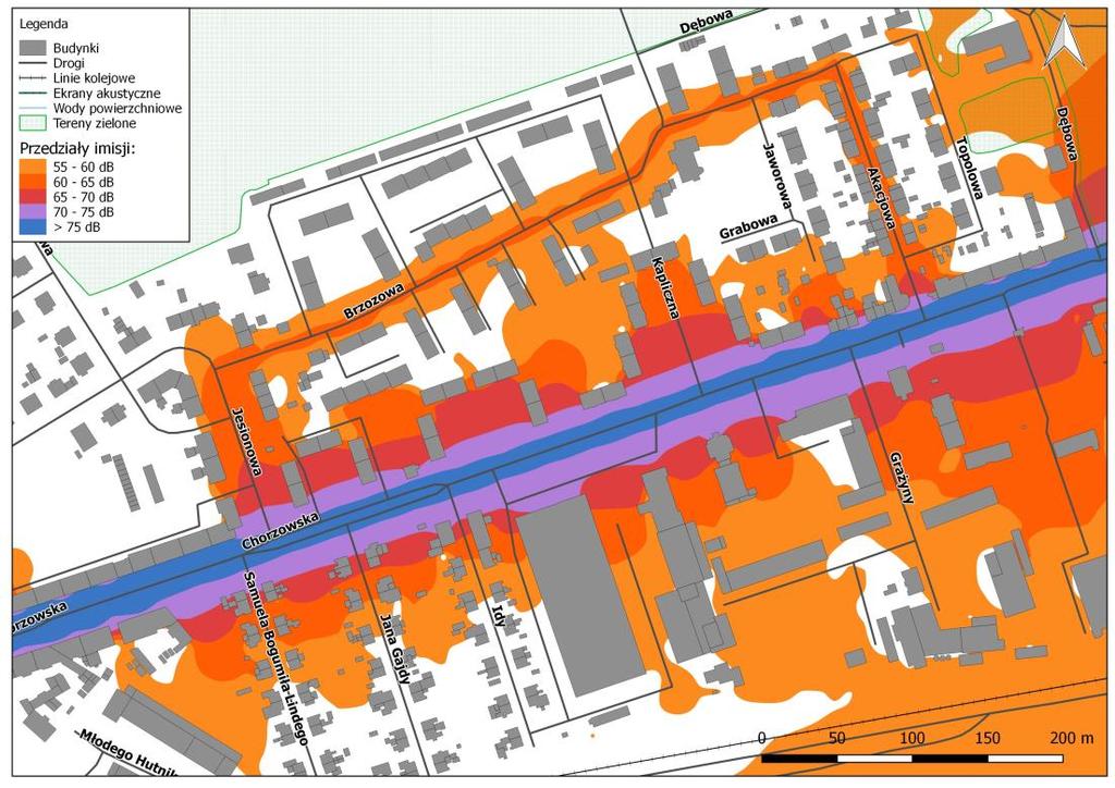Rys. 8.25. Mapa imisji dźwięku wskaźnik LDWN, ul. Chorzowska na odcinku od ul. Zabrskiej do ul. Dębowej, przed zastosowaniem działań naprawczych Rys. 8.26.