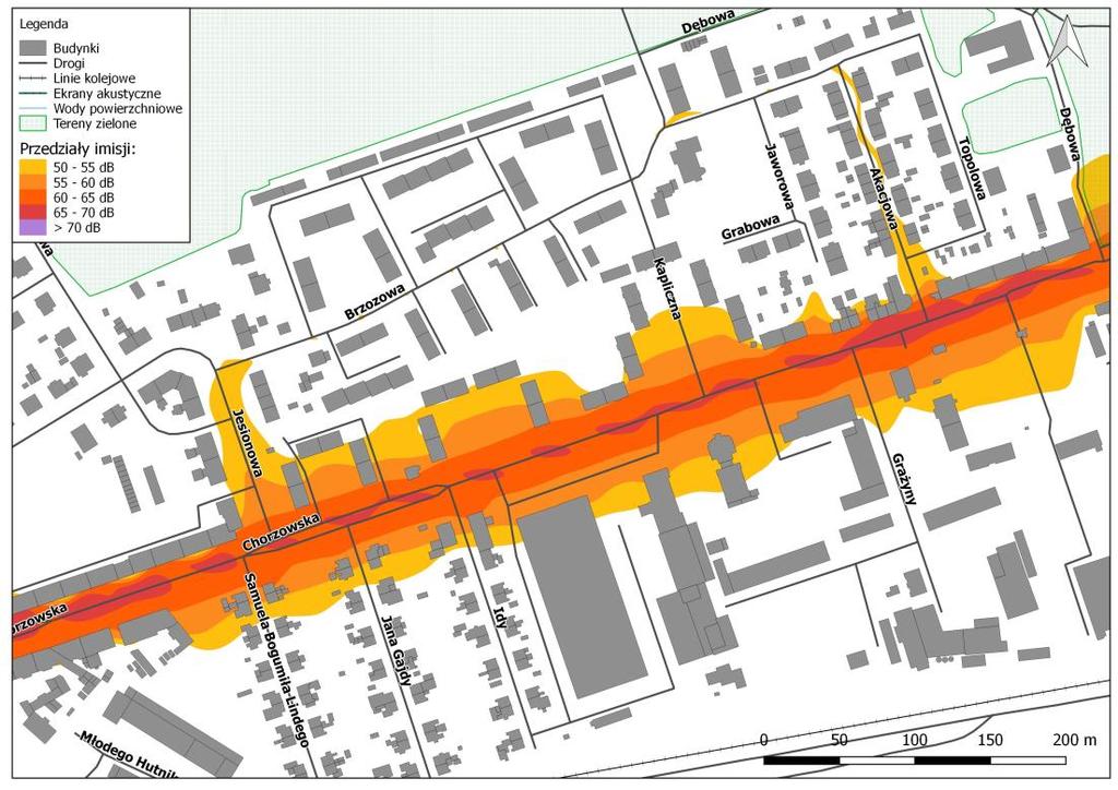 Rys. 8.27. Mapa imisji dźwięku wskaźnik LN, ul. Chorzowska na odcinku od ul. Zabrskiej do ul. Dębowej, przed zastosowaniem działań naprawczych Rys. 8.28.
