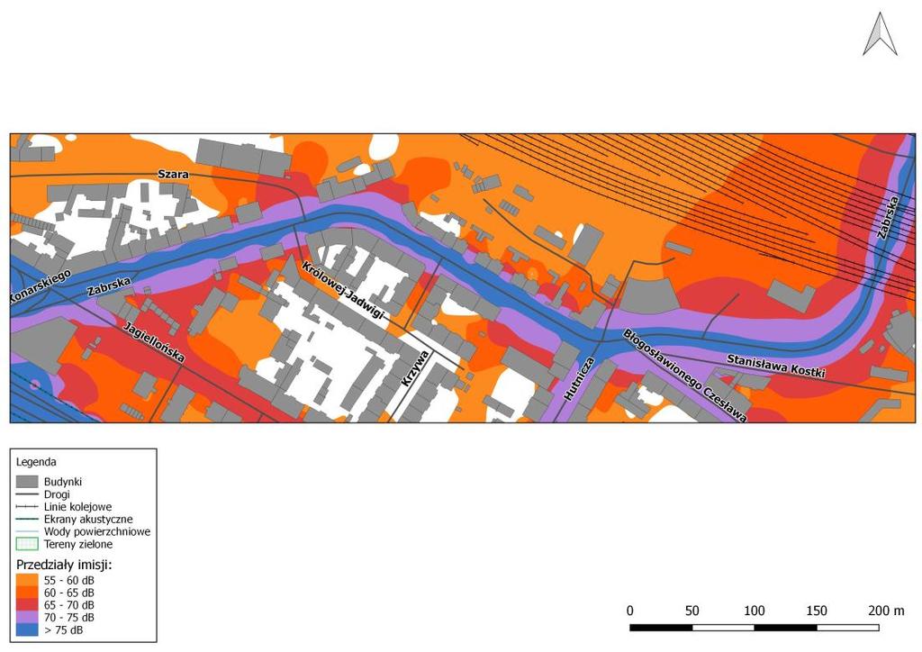 Rys. 8.29. Mapa imisji dźwięku wskaźnik LDWN, ul. Zabrska na odcinku od ul. Jagiellońskiej do ul. Chorzowskiej, przed zastosowaniem działań naprawczych Rys. 8.30.