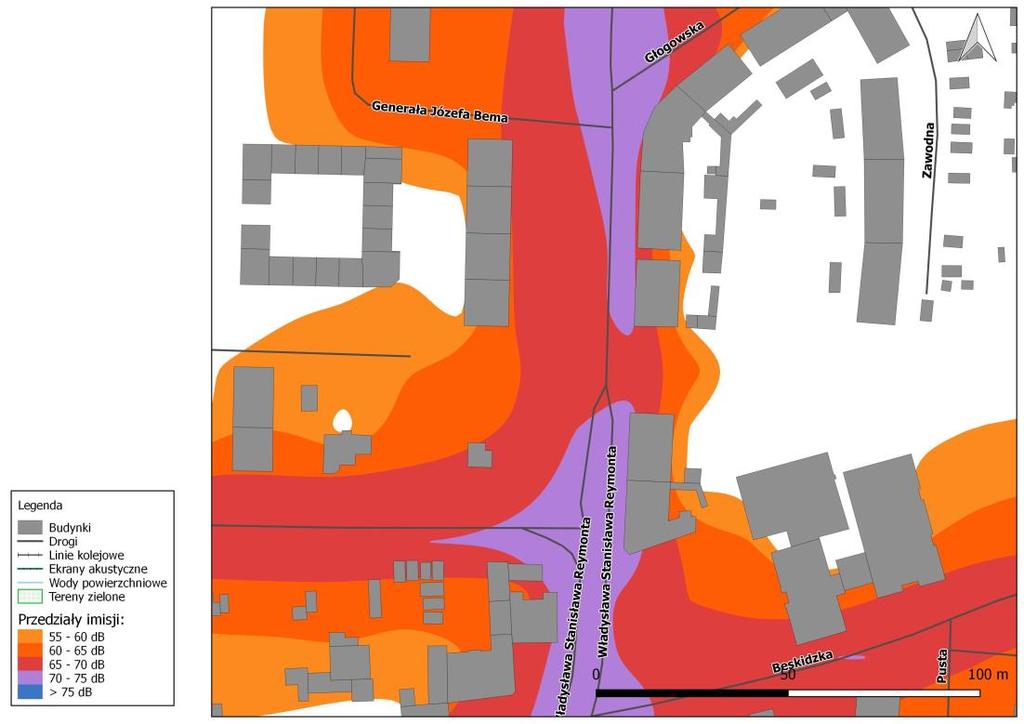 Rys. 8.33. Mapa imisji dźwięku wskaźnik LDWN, ul. Władysława Reymonta na odcinku od ul. Głogowskiej do ul. Beskidzkiej, przed zastosowaniem działań naprawczych Rys. 8.34.