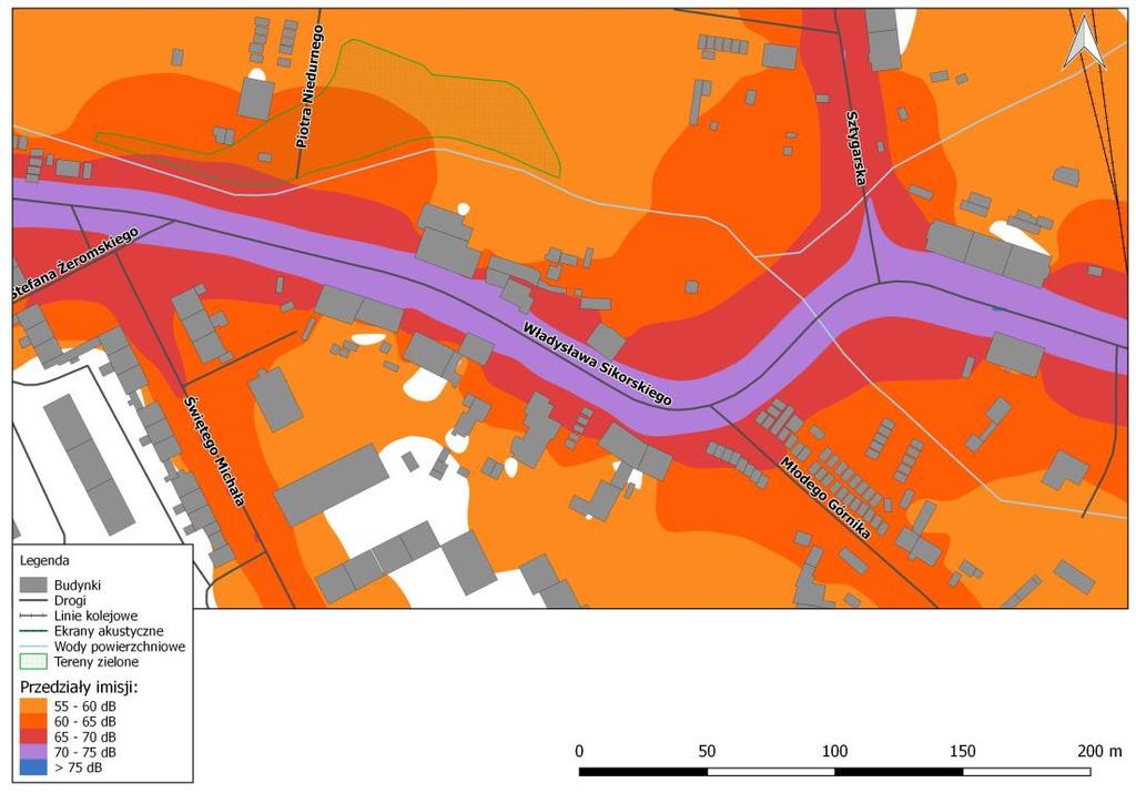 Rys. 8.37. Mapa imisji dźwięku wskaźnik LDWN, ul. Gen. Władysława Sikorskiego na odcinku od ul. Św.