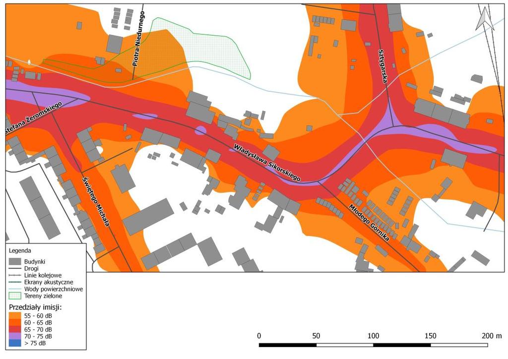 Mapa imisji dźwięku wskaźnik LDWN, ul. Gen. Władysława Sikorskiego na odcinku od ul. Św.