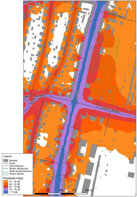 Rys. 8.41. Mapa imisji dźwięku wskaźnik LDWN, ul. Rybnicka na odcinku od ul. Żurawiej do ul. Kochanowskiego, przed zastosowaniem działań naprawczych Rys. 8.42.