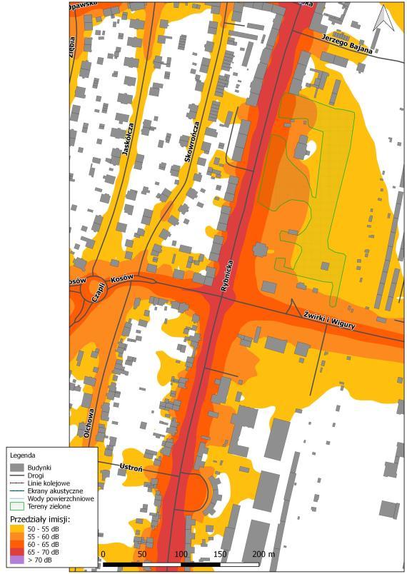Rys. 8.43. Mapa imisji dźwięku wskaźnik LN, ul. Rybnicka na odcinku od ul. Żurawiej do ul. Kochanowskiego, przed zastosowaniem działań naprawczych Rys. 8.44.