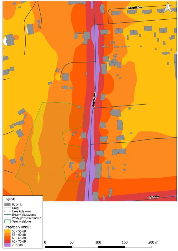 Rys. 8.47. Mapa imisji dźwięku wskaźnik LN, ul. Pocztowa na odcinku od ul. Józefa Rymera do ul. Pszczyńskiej, przed zastosowaniem działań naprawczych Rys. 8.48.