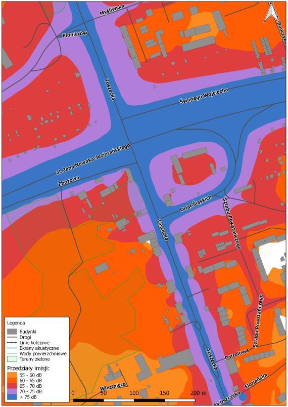 Rys. 8.49. Mapa imisji dźwięku wskaźnik LDWN, ul. Toszecka na odcinku od ul.