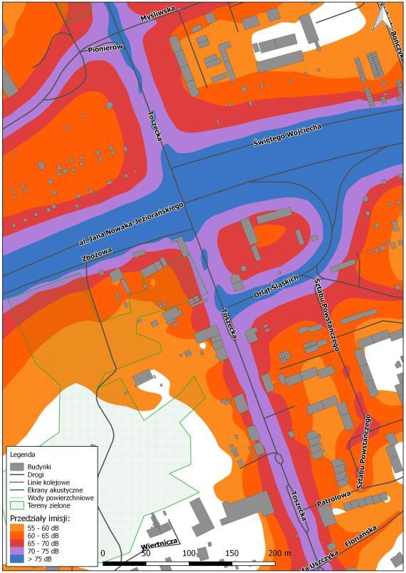 Mapa imisji dźwięku wskaźnik LDWN, ul. Toszecka na odcinku od ul. Sokoła do ul.