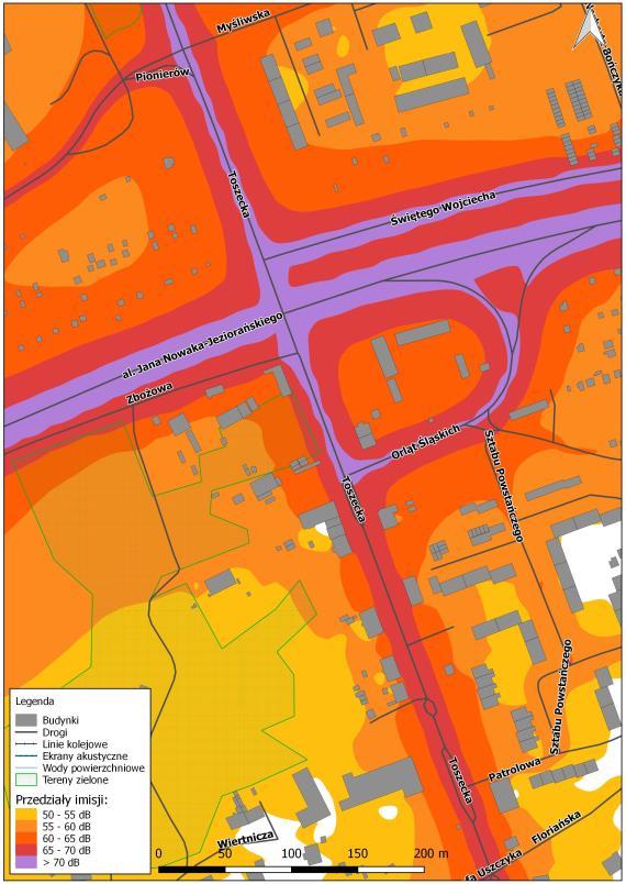 Rys. 8.51. Mapa imisji dźwięku wskaźnik LN, ul. Toszecka na odcinku od ul.