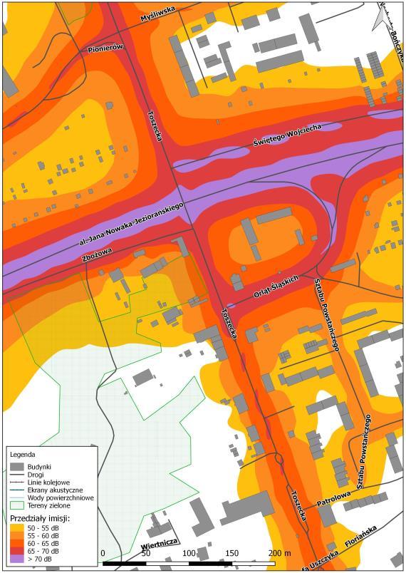 Mapa imisji dźwięku wskaźnik LN, ul. Toszecka na odcinku od ul. Sokoła do ul.