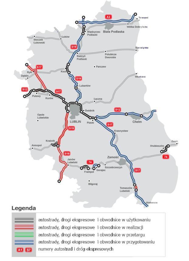 TOM 2 drogi krajowe Rys. 5.3. Mapa stanu budowy dróg krajowych w wojewódzkie lubelskim [95] Tab. 5.8.