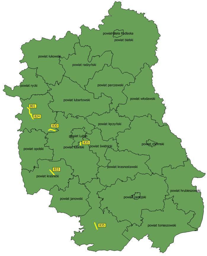 TOM 3 drogi wojewódzkie Rys. 7.2. Analizowane odcinki dróg wojewódzkich w województwie lubelskim [19] Sieć dróg wojewódzkich (rys. 5.2) na terenie województwa lubelskiego wynosi 2201.268 km [96].