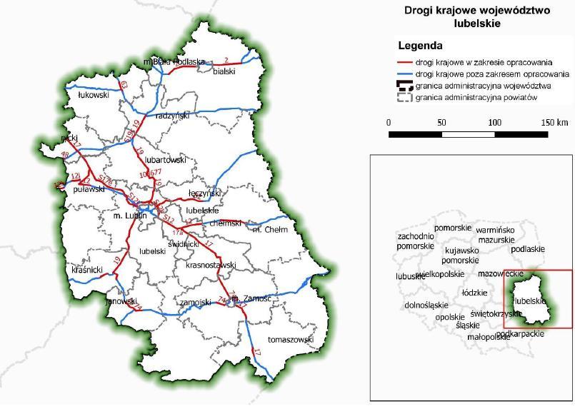 TOM 2 drogi krajowe Rys. 5.2. Analizowane odcinki dróg krajowych w województwie lubelskim [18] Sieć dróg krajowych (rys. 5.1) na terenie województwa lubelskiego wynosi 1054.