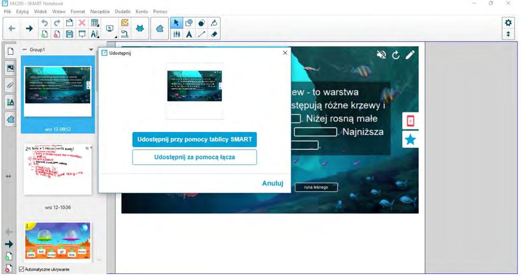 SMART Notebook Player na komputerze nauczyciela uruchamiamy przygotowaną w SMART Notebook lekcję W