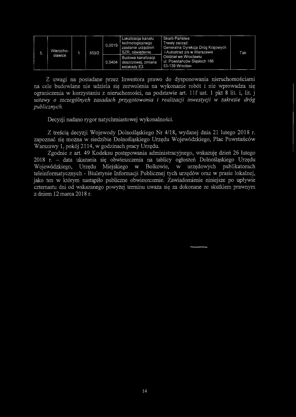 i, lit. j ustawy o szczególnych zasadach przygotowania i realizacji inwestycji w zakresie dróg publicznych. Decyzji nadano rygor natychmiastowej wykonalności.