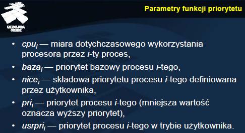 Parametry funkcji priorytetu Parametr cpu jest wartością liczbową, która jako miara wykorzystania procesora jest zwiększana, gdy proces jest wykonywany oraz stopniowo zmniejszana, gdy proces nie