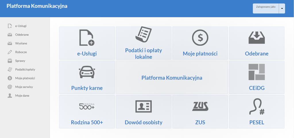 Strona 15 Rysunek 14 Panel użytkownika po zalogowaniu W prawym górnym rogu strony znajduje się informacja o zalogowanym