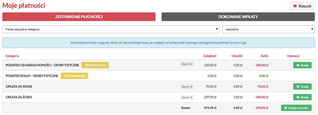 Strona 33 Przycisk Rysunek 45 Zestawienie płatności UWAGA! Wyświetlone kwoty mogą się różnić od rzeczywistego stanu ze względu na konieczność ręcznego zaksięgowania płatności przez urząd.