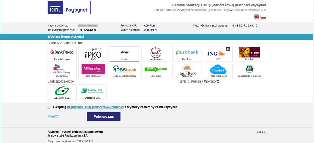 Strona 35 Rysunek 48 Przekierowanie do usługi Paybynet W nowym widoku systemu Paybynet sprawdź kwotę i dane oraz stosuj się do instrukcji i wskazówek umieszczonych na stronie