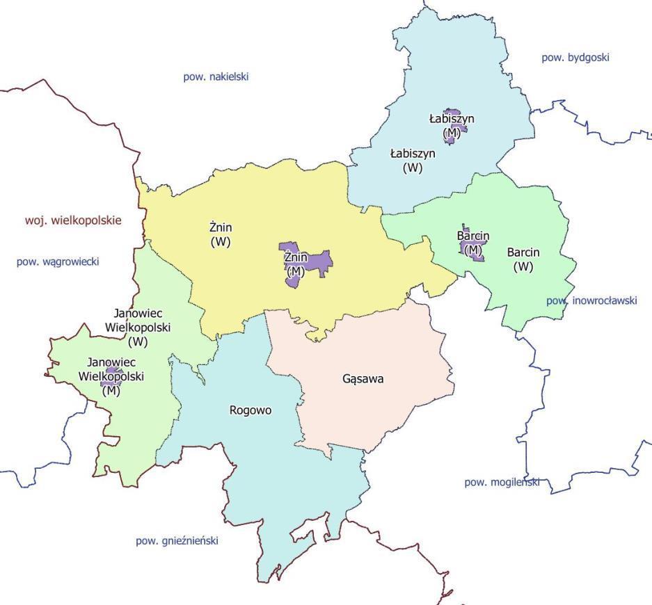 VI. Opis zasobu geodezyjnego Zamawiającego 1. Informacje ogólne. Powiat żniński położony jest w południowo-zachodniej części województwa kujawskopomorskiego.