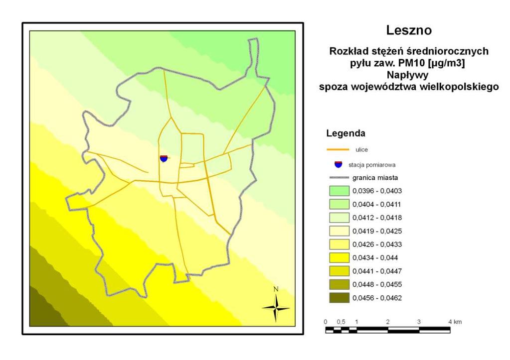 Mapa 7.2.10 Rozkład stężeń średniorocznych pyłu zaw.