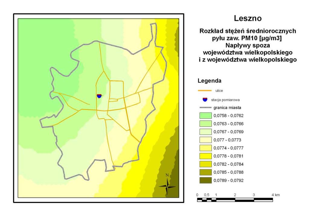 Mapa 7.2.11 Rozkład stężeń średniorocznych pyłu zaw.