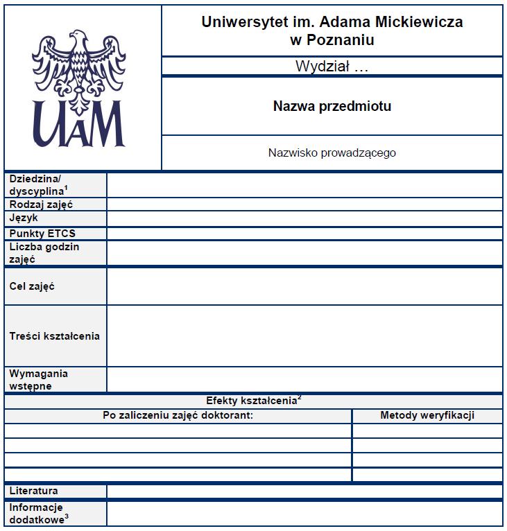 Wzór sylabusu przedmiotu dla studiów doktoranckich zgodny z wymogami