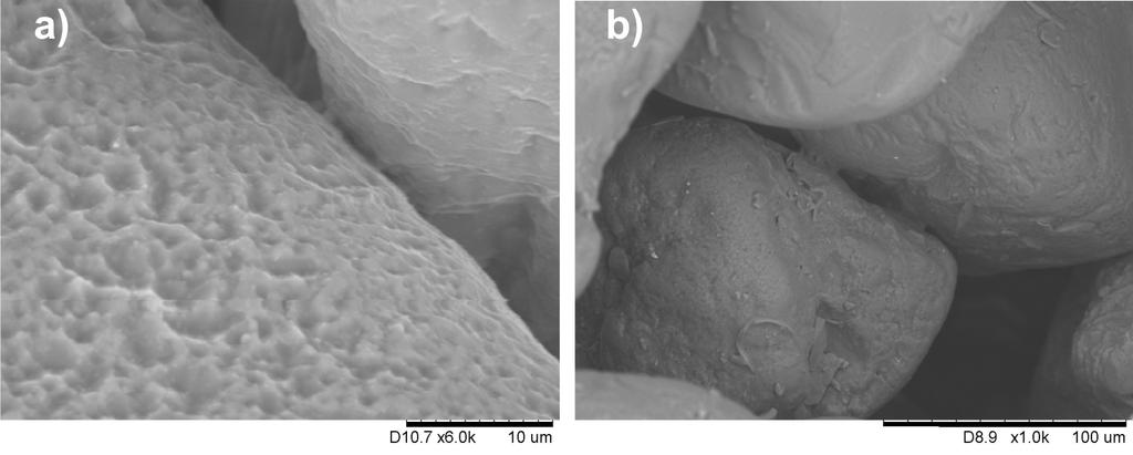 The appearance of bonding bridges in binder reclaimed by method B after the process of: a) conventional drying, b) microwave heating Rys. 8.