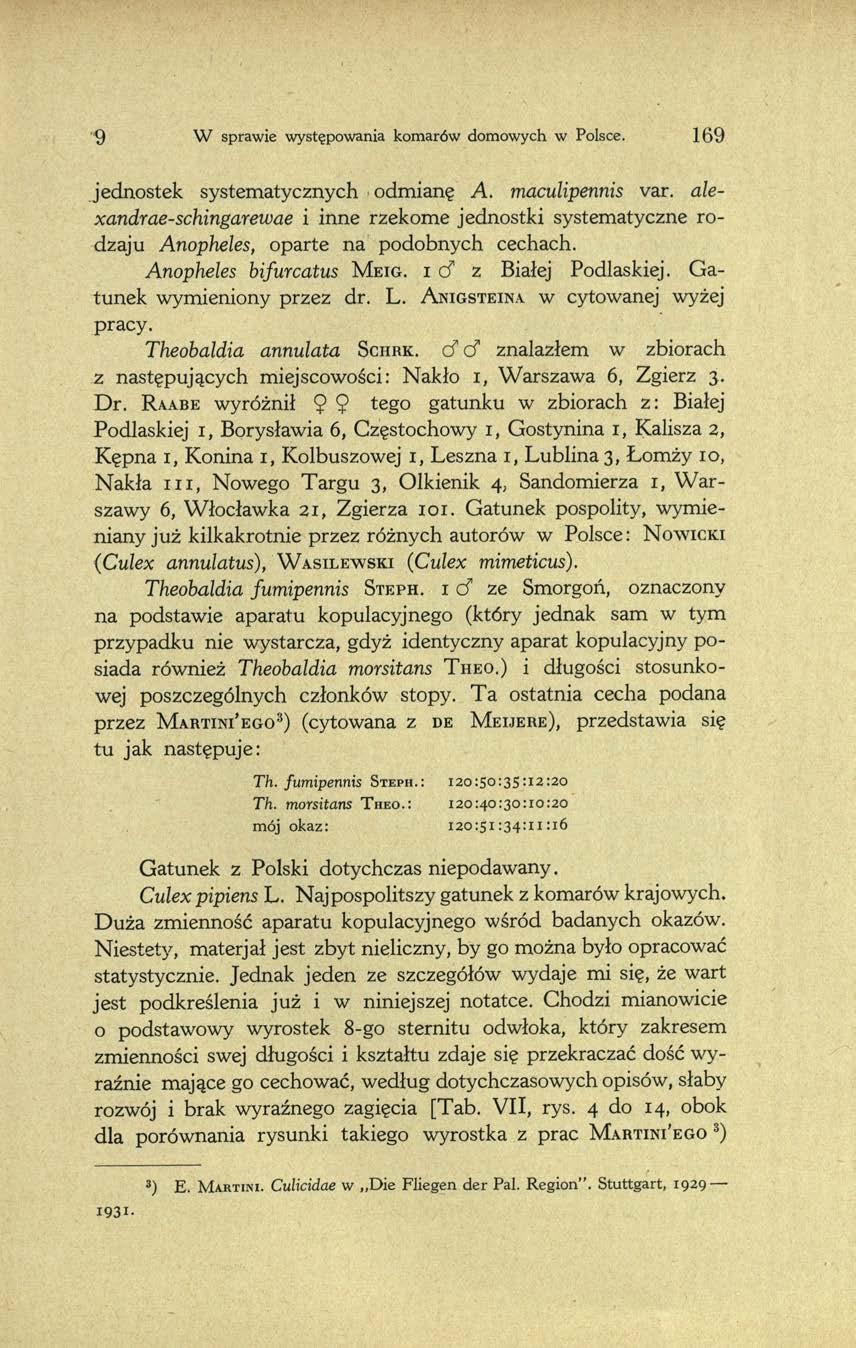 '9 W sprawie występowania komarów domowych w Polsce. 1 6 9 jednostek systematycznych odmianę A. maculipennis var.
