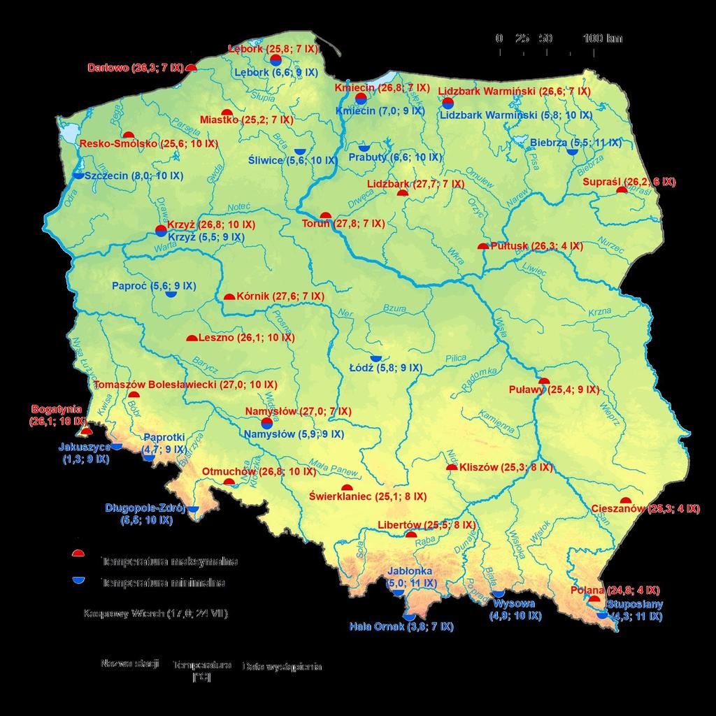 2. Temperatury ekstremalne w regionach Polski