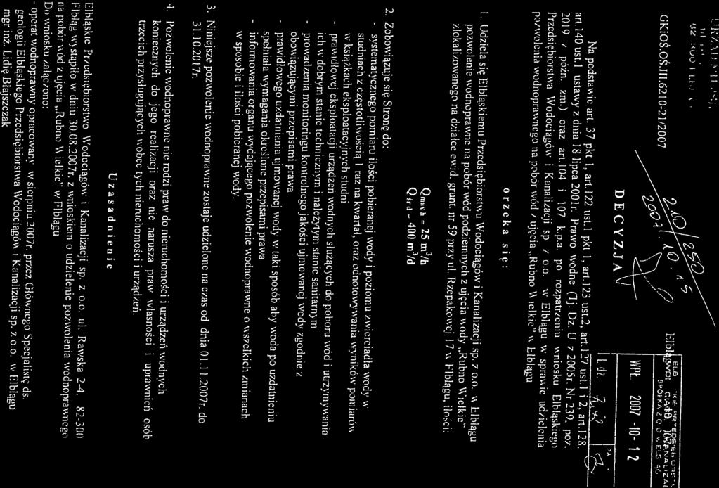 pz/\yolcliia wodnoprawneo na pobór wód z ujęcia.rubno \\ icikic w Elblągu art.]40 ust.] ustawy z dnia 8 lipca 2001r. Prawo wodne 1j. Dz. U. z 2005r. Nr 239. poz.