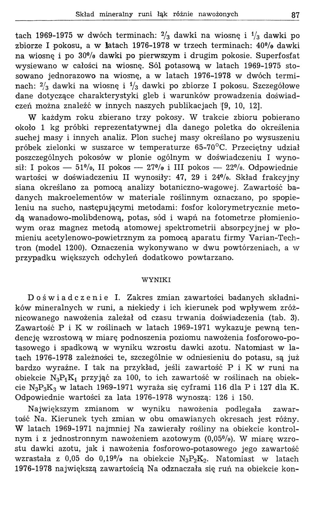 Skład mineralny runi łąk różnie nawożonych 87 tach 1969-1975 w dwóch terminach: 2/з dawki na wiosnę i 7з dawki po zbiorze I pokosu, a w latach 1976-1978 w trzech terminach: 40% dawki na wiosnę i po